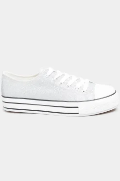 Yours Yours Silver Canvas Glitter Platform Trainers In Wide E Fit