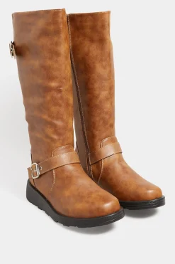 Yours Yours Tan Brown Knee High Wedge Boots In Wide E Fit
