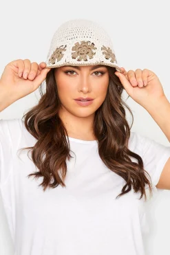 Yours Yours White Crochet Contrast Edge Bucket Hat