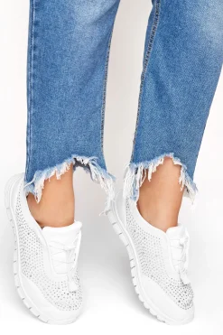 Yours Yours White Diamante Embellished Trainer In Extra Wide Eee Fit