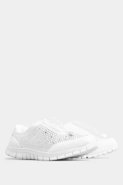 Yours Yours White Diamante Embellished Trainer In Extra Wide Eee Fit