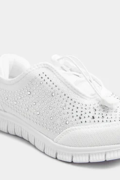 Yours Yours White Diamante Embellished Trainer In Extra Wide Eee Fit