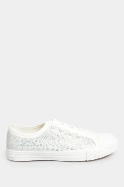 Yours Yours White Diamante Low Trainer In Wide E Fit