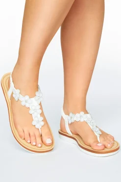 Yours Yours White Pu Diamante Flower Sandals In Wide E Fit & Extra Wide Eee Fit